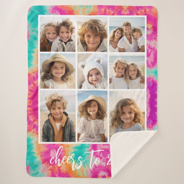 Cheers to the New Year Tie-Dye Teal 70s Vibe Sherpa Blanket (Front)