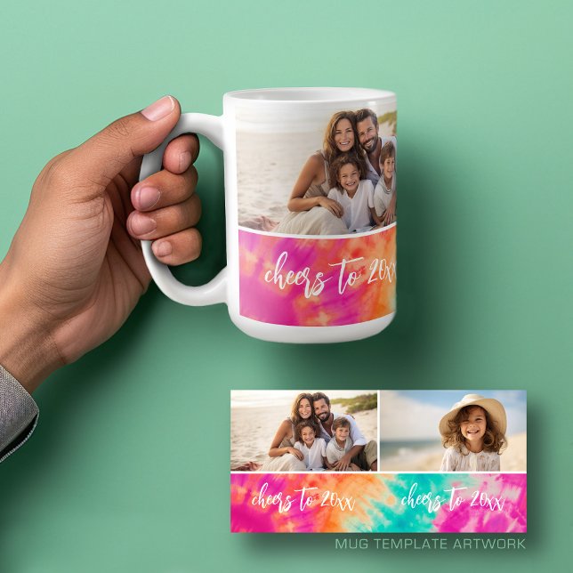 Cheers to the New Year Tie-Dye Teal Photo 70s Vibe Coffee Mug (Personalized mug template with a funky 2 photo collage, custom text and a bright tie dye pattern)