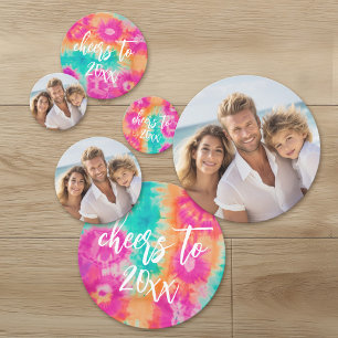 Cheers to the New Year Tie-Dye Teal Photo 70s Vibe Confetti