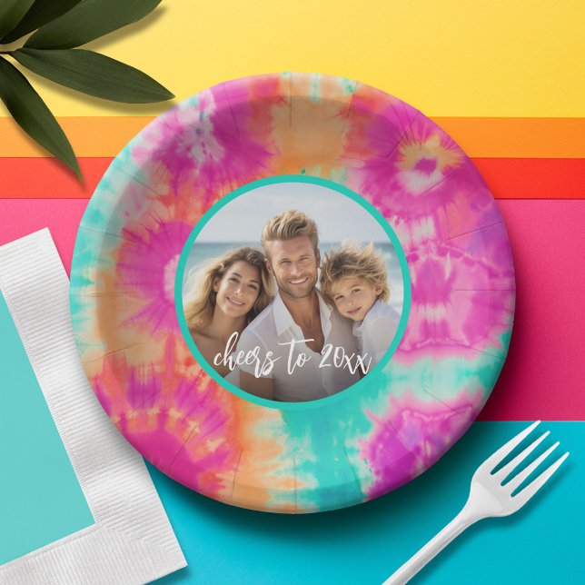 Cheers to the New Year Tie-Dye Teal Photo 70s Vibe Paper Plate (Creator Uploaded)