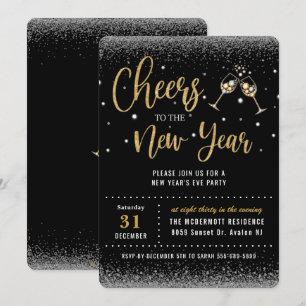 Cheers to the New Year's Eve Party Black Gold  Invitation