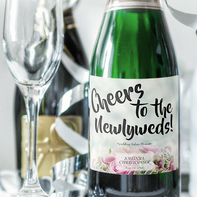 Cheers to the Newlyweds Pink Roses Floral Wedding Sparkling Wine Label (Creator Uploaded)