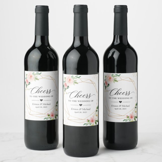 Cheers To The Wedding Modern Elegant Blush Floral Wine Label (Bottles)