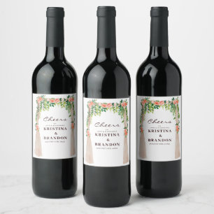 Cheers To the Wedding Peach Floral Canopy Wine Label