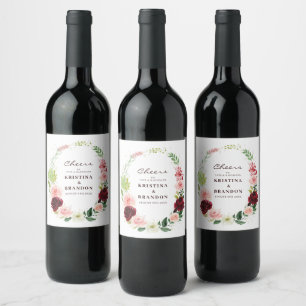Cheers To the Wedding Wreath Blush Floral Wine Label