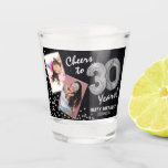 Cheers to the Years 30th Birthday 2 Photo Shot Glass<br><div class="desc">Celebrating the fabulous thirty! These shot glasses allow you to upload a before and after photograph of the birthday man or woman in a faux silver frame, with the title 'Cheers to 30 Years!'. Featuring a rustic chalkboard background, faux silver number 30 helium balloons, faux silver glitter confetti, a Happy...</div>