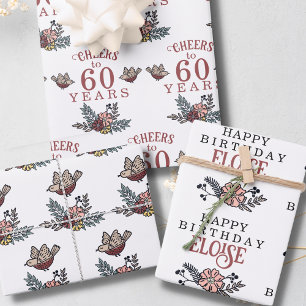 Cheers to the Years Bird and Flowers Birthday Wrapping Paper Sheet