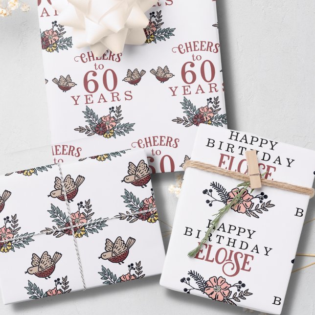 Cheers to the Years Bird and Flowers Birthday Wrapping Paper Sheet (Personalized Birthday Wrapping Paper for Her)