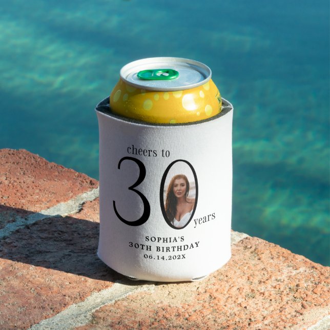 Cheers to Thirty Minimal Photo 30th Birthday Can Cooler (In Situ Pool)
