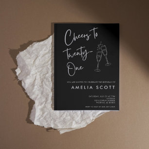 Cheers to Twenty One Black Silver 21st Birthday Invitation