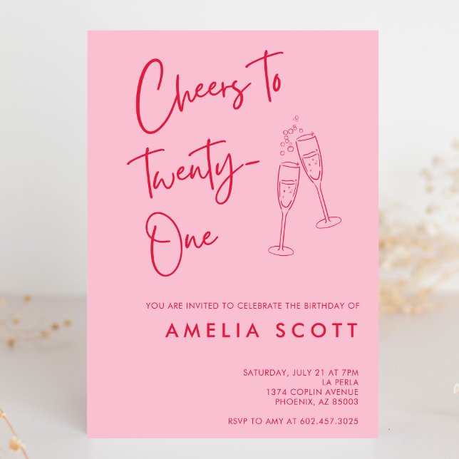 Cheers to Twenty One Pink Red 21st Birthday Modern Invitation (Creator Uploaded)