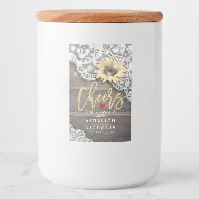 Cheers To Wedding Lace Sunflower Rustic Wood Light Food Label (Front)