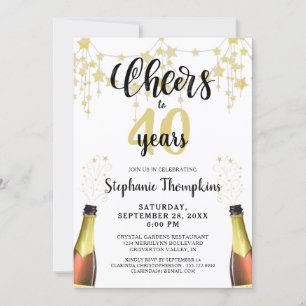 Cheers to # Years Black Gold Stars Script Invitation