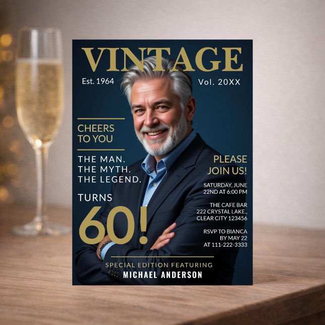 Cheers to You 60th Birthday Invite (Elegant navy and gold 60th birthday invitation styled for a meaningful milestone celebration)