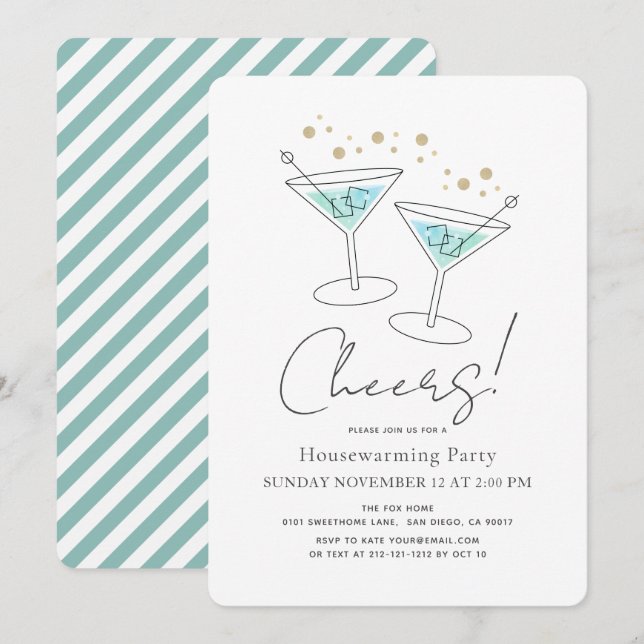 Cheers Turquoise Blue Housewarming Cocktail Party Invitation (Front/Back)