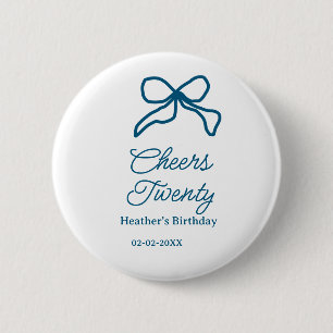 Cheers twenty blue birthday bow name date boho ret 6 cm round badge
