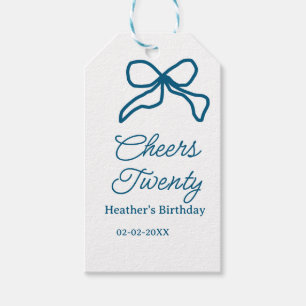 Cheers twenty blue birthday bow name date boho ret gift tags