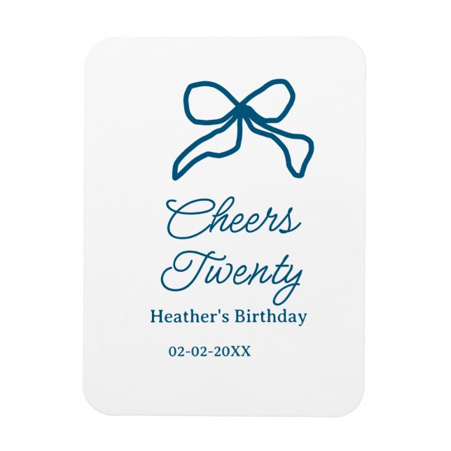 Cheers twenty blue birthday bow name date boho ret magnet (Vertical)