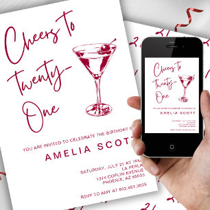 Cheers Twenty One Cherry Red Martini 21st Birthday Invitation