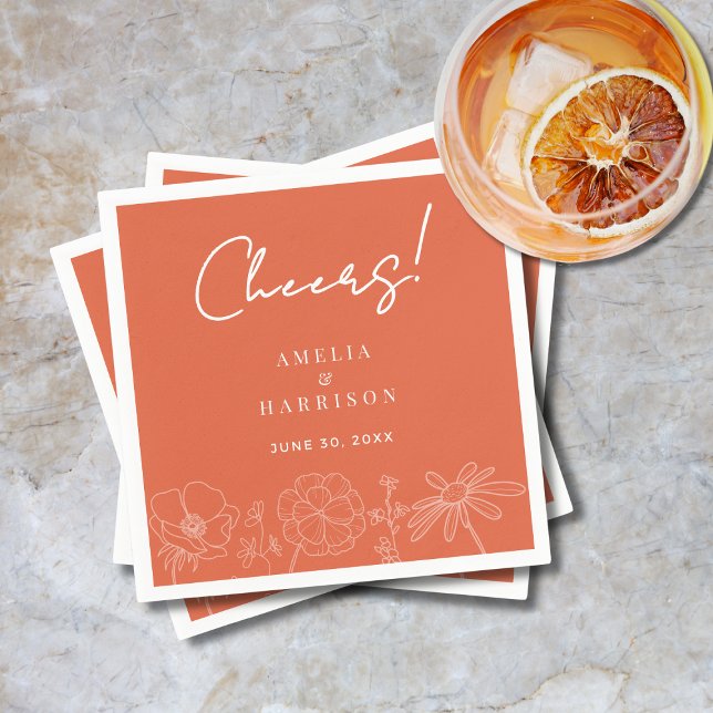Cheers Verona Sunset Elegant Orange Floral Wedding Napkin (Cheers Verona Sunset Elegant Orange Floral Wedding Cocktail Napkin with Couple Names, Wedding Date.)