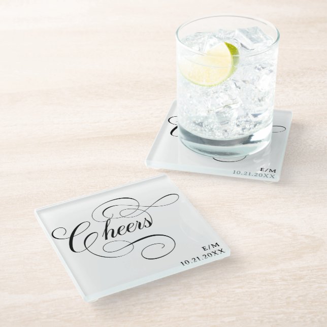Cheers | Vintage Calligraphy Personalised Wedding Glass Coaster (Angled)