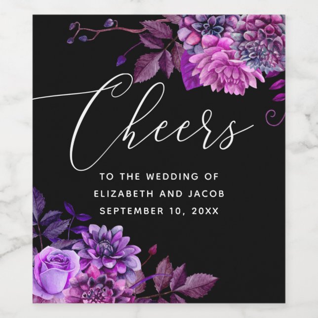 Cheers. Watercolor black purple floral wedding Wine Label (Single Label)