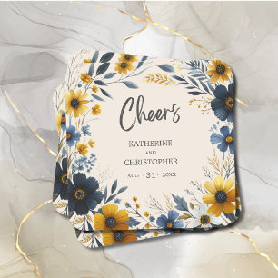 Cheers Watercolor Wildflower Elegant Beige Wedding Square Paper Coaster