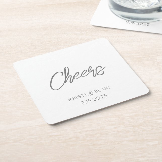CHEERS Wedding DATE Couple NAMES Modern Minimalist Square Paper Coaster (Angled)