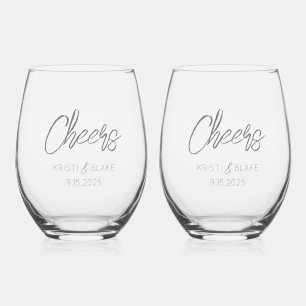 CHEERS Wedding DATE Couple NAMES Modern Minimalist Stemless Wine Glass