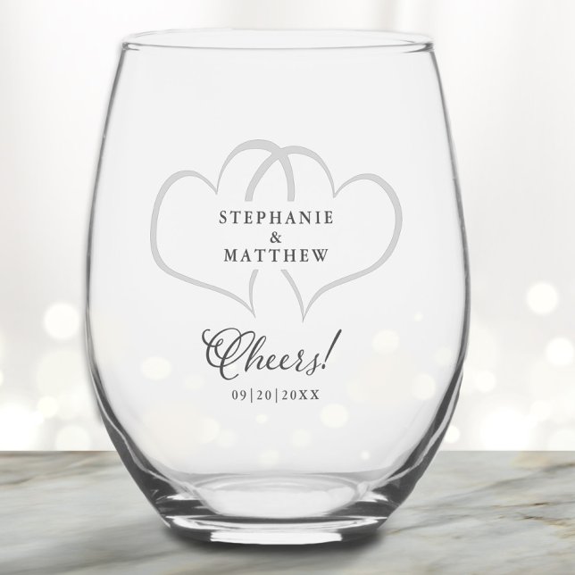 Cheers Wedding Engagement Hearts Names Date Custom Stemless Wine Glass (Cheers Wedding Engagement Hearts Names Date Custom Stemless Wine Glass)