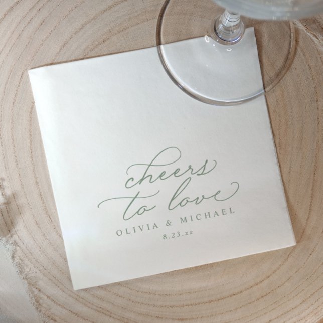 Cheers Wedding Napkins Elegant Sage Green (Elegant sage green “cheers to love” wedding napkins with calligraphy script, modern reception décor.)
