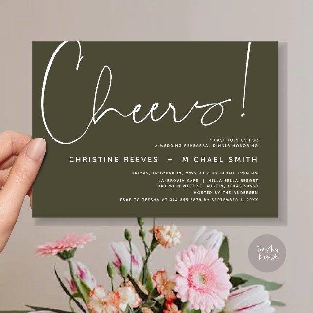 Cheers, Wedding Rehearsal Dinner Invitation (Cheers, Wedding Rehearsal Dinner Invitation Card, PDF, Modern Minimalist, in Olive Green)