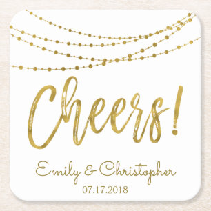 Cheers White and Gold Foil String Lights Square Paper Coaster