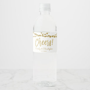 Cheers White and Gold Foil String Lights Water Bottle Label