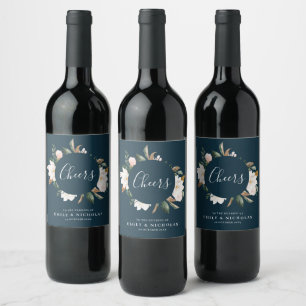CHEERS white magnolia floral navy blue Wine Label