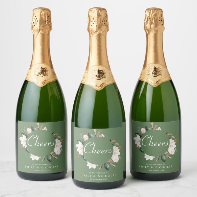 CHEERS | white magnolia floral wedding Sparkling Wine Label (Bottles)