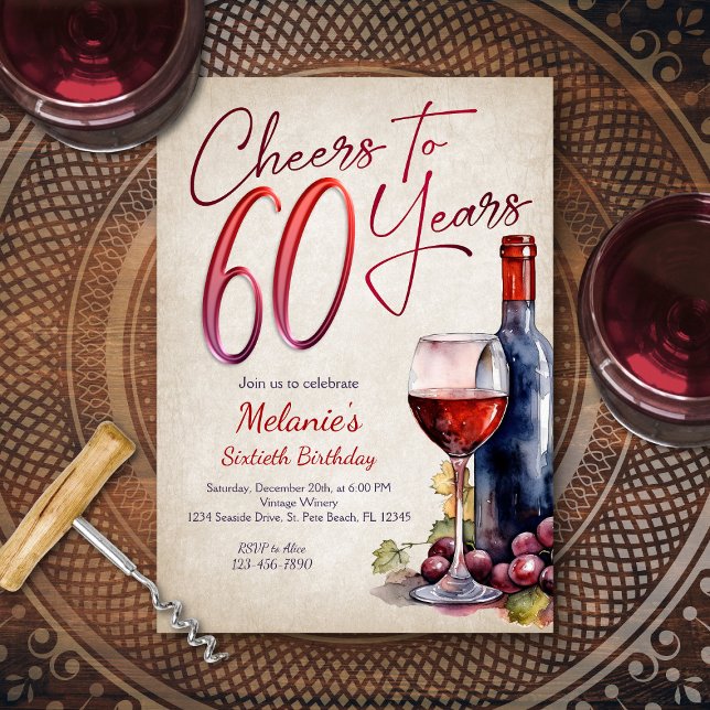 Cheers Wine 60th Birthday Invitation (Creator Uploaded)