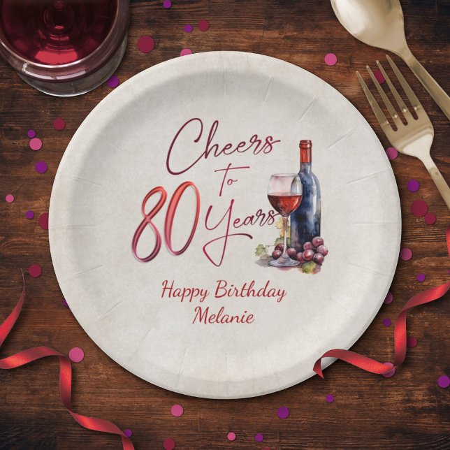 Cheers Wine 80th Birthday Paper Plate (Creator Uploaded)