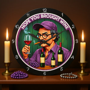 Cheers! Wine and Cigar Illustration Large Clock