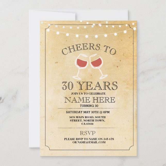 Cheers Wine Tasting Rustic Lights Birthday Invite (Front)