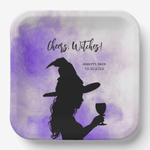 Cheers Witches, Halloween Witch Holding Wine Glass Paper Plate
