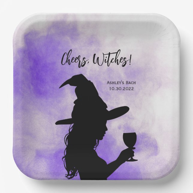 Cheers Witches, Halloween Witch Holding Wine Glass Paper Plate (Front)