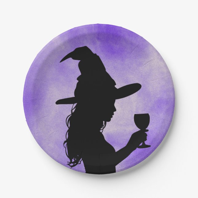 Cheers Witches, Halloween Witch Holding Wine Glass Paper Plate (Front)