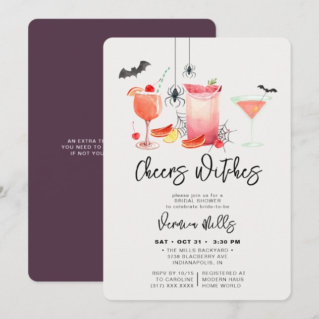 Cheers Witches Purple Halloween Bridal Shower Invitation (Front/Back)