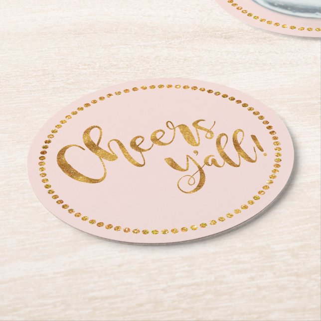 Cheers Yall | Blush Pink | Beer & Cocktail Party Round Paper Coaster (Angled)