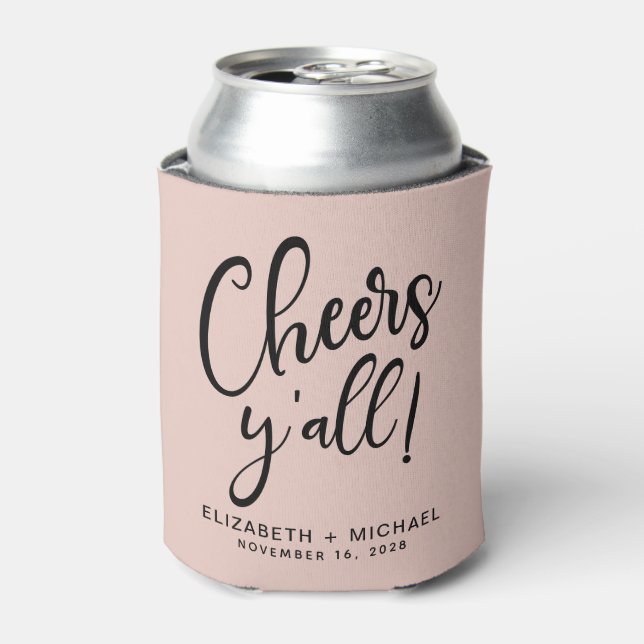 Cheers Y'All Blush Pink Wedding Can Cooler (Can Front)