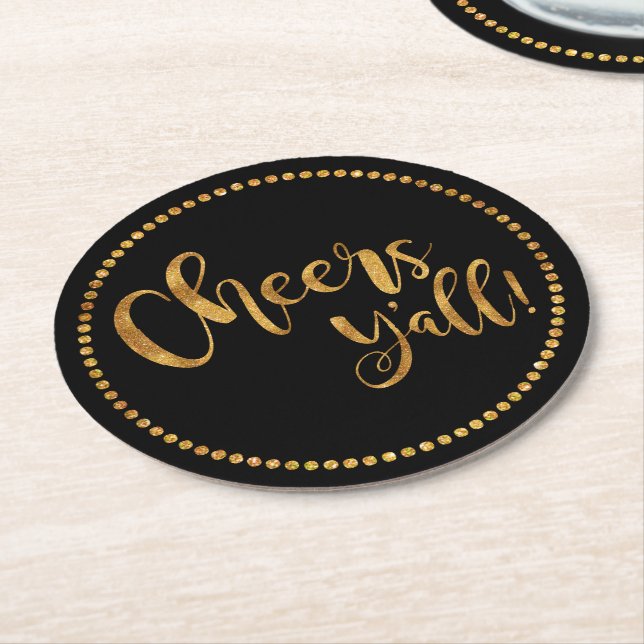 Cheers Yall | Party Gold & Black | Beer & Cocktail Round Paper Coaster (Angled)