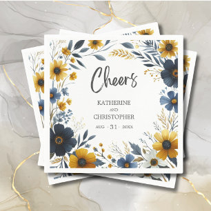 Cheers Yellow Blue Floral Elegant Wedding Napkin