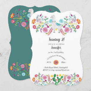 Cheery 2nd Birthday Girl FIESTA LLAMA Folk Flowers Invitation