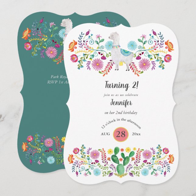 Cheery 2nd Birthday Girl FIESTA LLAMA Folk Flowers Invitation (Front/Back)
